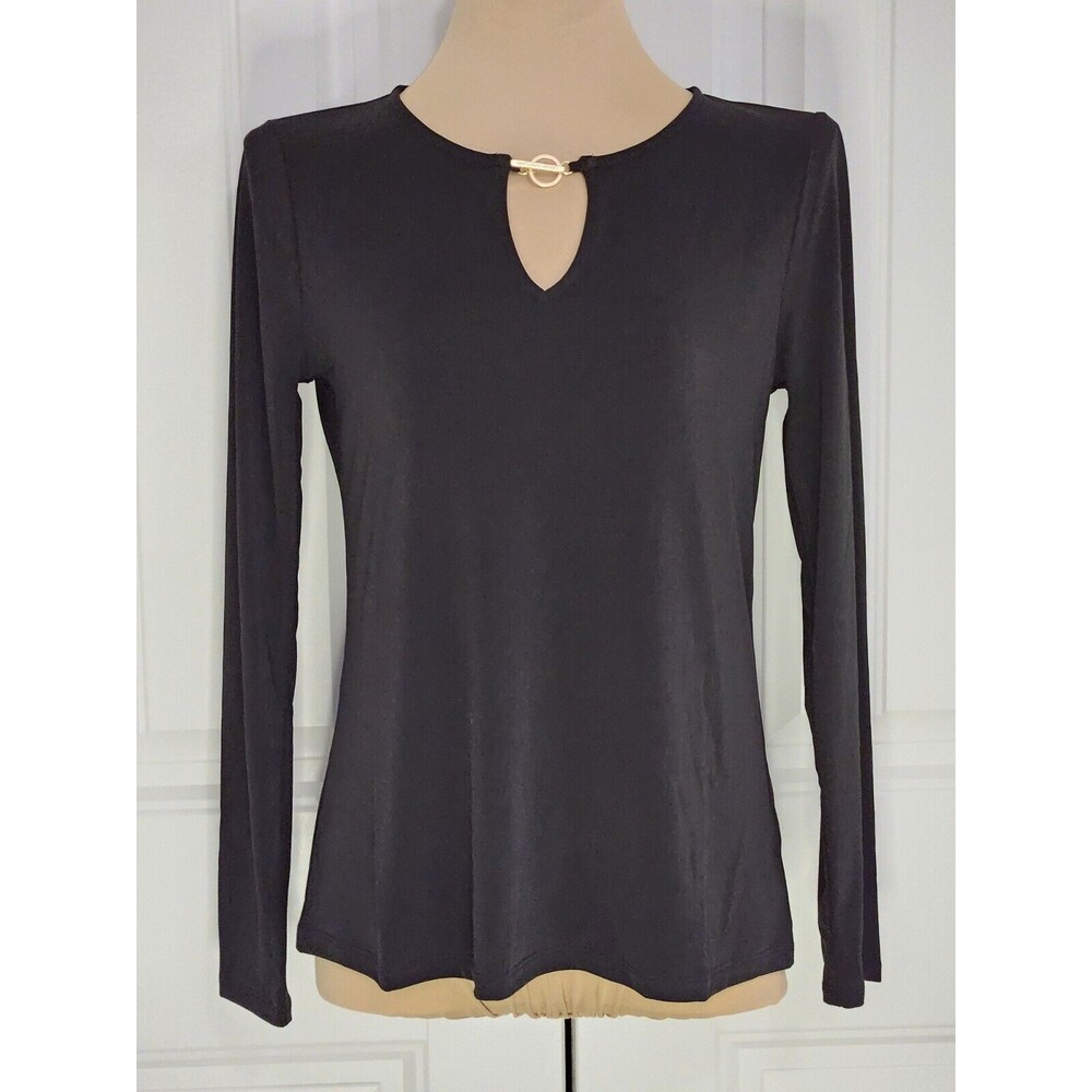 Michael Kors Black Blouse Sz S Gold Tone Logo Hardware NWT Keyhole Neck